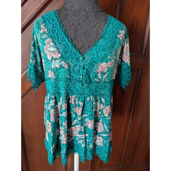 Torrid Super Soft Floral Lace-Trim Babydoll Top Teal & Pink Size 00 - Picture 1 of 9